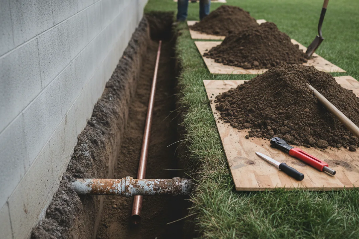 Excavated water line trench during Water Heater Repair in Wainscott